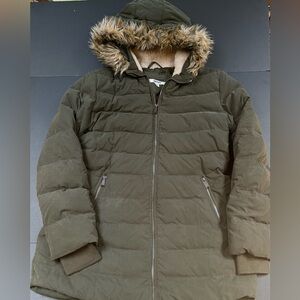 DKNY Women Green Faux-Fur Trim Hooded Puffer Coat Size XL